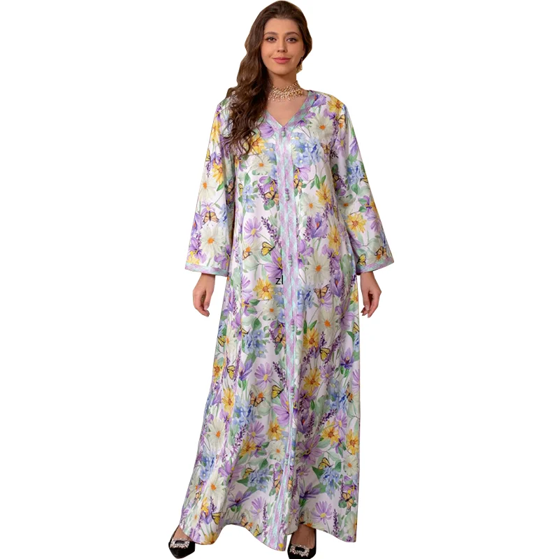 

Ramadan Eid Floral Print Vintage Abaya Moroccan Kaftan Muslim Dress Hijab Women Turkey Jalabiya Arabic Oman Clothing Caftan Robe