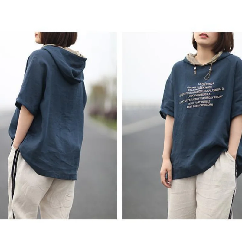 Women Summer New Hooded Collar Pullover Fashion Artistic Style Drawstring Printed T-shirt Loose and Versatile Short Sleeved Tops