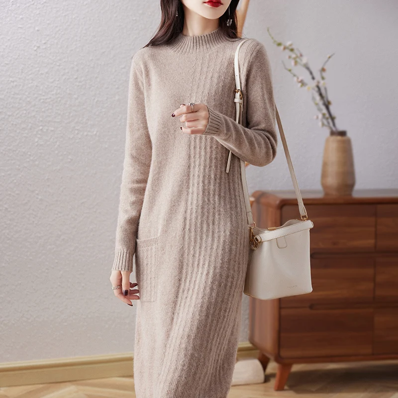 

BELIARST Winter Underwear Dress 2024 New Women's Half High Neck Pullover Sweater Fashion Long Sweater Dress 100% Merino Wool Top