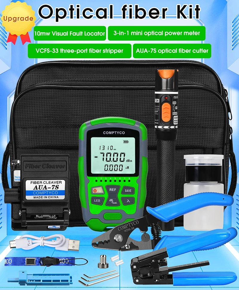 

FTTH Fiber Optic Tool Kit with Cleaver AUA7S -70~+10dBm Optical Power Meter VFL Visual Fault Locator 10mw Stripping Pliers