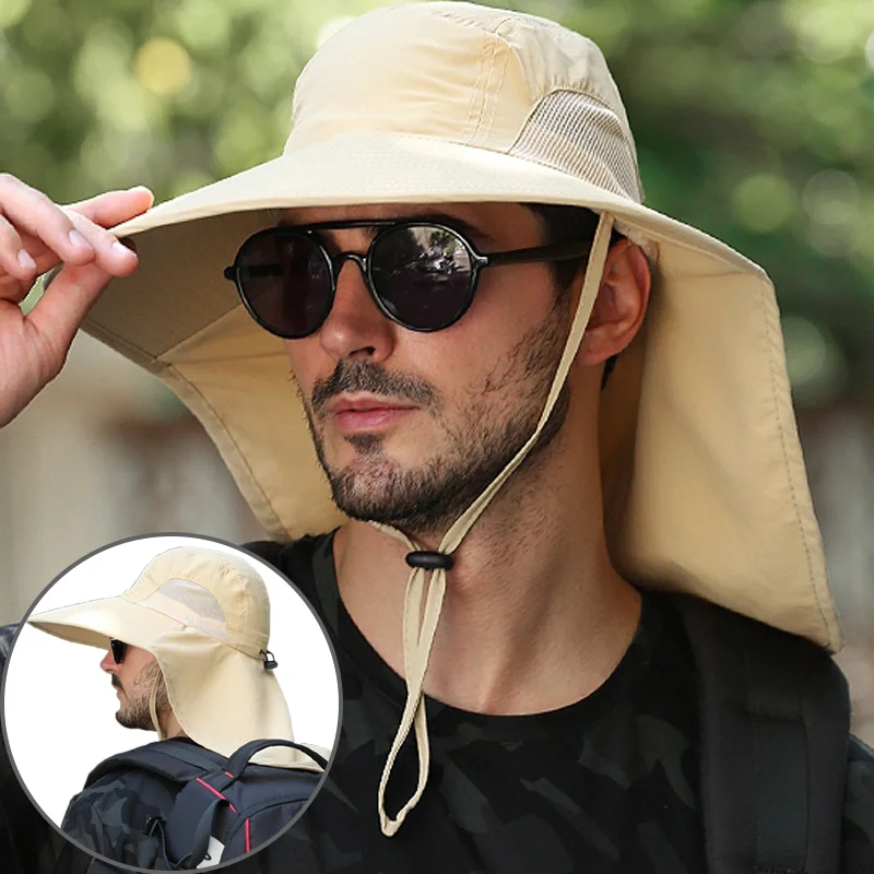 Outdoor Fisherman Hat Wide Brim Bucket Hat with Neck Cover Men Summer  Breathable Mesh Sun Protection Visor Anti UV Cap Unisex - AliExpress