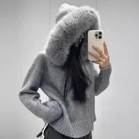 Knitwear Cardigan Women Spring Fashion Knitted Jacket Female Autumn Hooded Real Fox Fur Coat Natural Short Fur Coat Casual