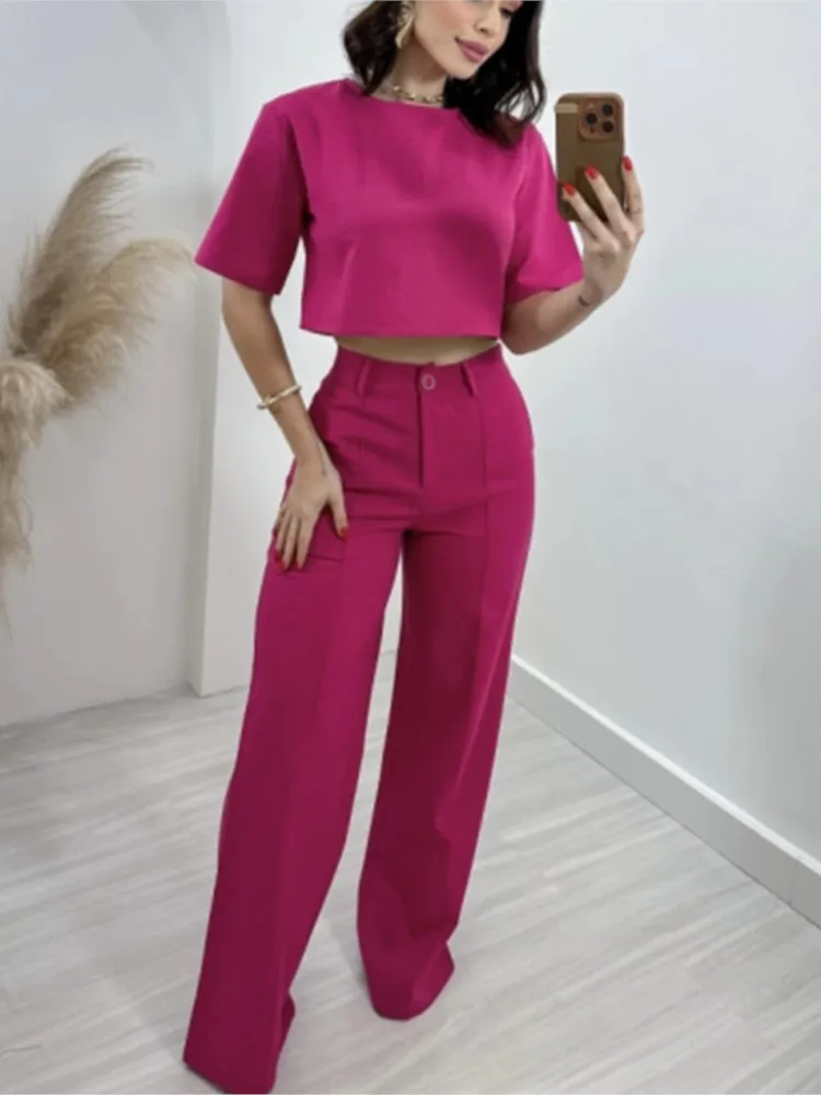 Trendy Solid Color Pants Set Women Half Sleeves Cropped Top High Waist Wide Leg Trousers Two Piece Sets Lady Commuting Clothing