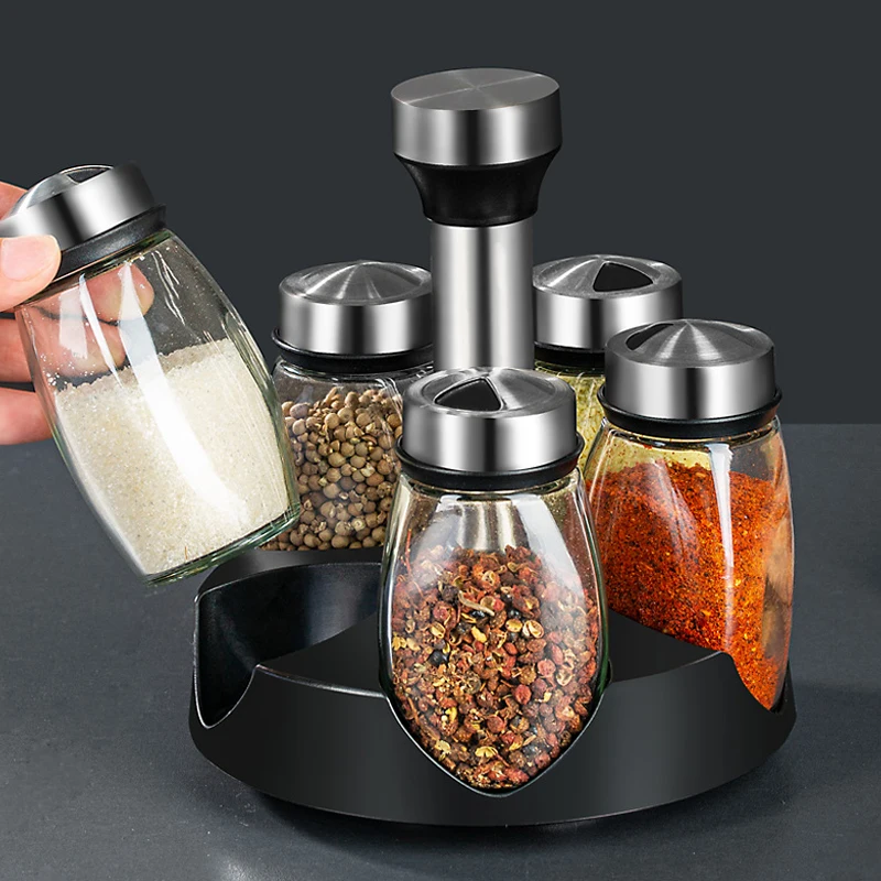 

6 Pcs Spice Jar And 1Pc Organizer Rack Set, Glass Bottle Pepper Salt Seasoning Box Containers Rotatable Stand Kitchen Gadgets