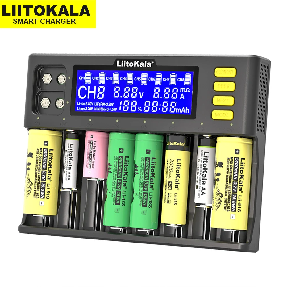 

LiitoKala Lii-S8 Battery Charger Li-ion 3.7V NiMH 1.2V Li-FePO4 3.2V IMR 3.8V charger for 18650 26650 21700 26700 AA AAA