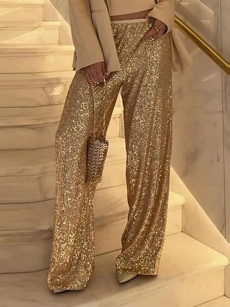 

Fashion Shiny Sequin Long Pants For Women Y2K Chic Wide Leg Straight Loose Trousers Female High Waist Straight Pants Party Looks