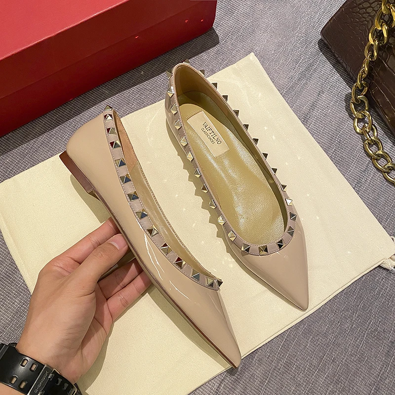 French Style Pointed Flat Bottomed Women's Shoes Trendy Fashion Rivets Shallow Black Patent Leather Single Shoes for Women women shoes women flats