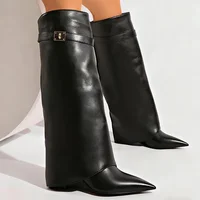 Black Pu Leather Knee High Boots Women Sexy Pointed Toe Straight Leg Boots Woman Punk Style Wedge High Heels Long Botas Mujer - Image 6