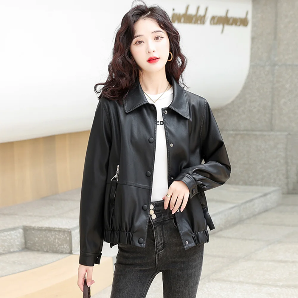 New Women Short Leather Coat Autumn Winter Casual Fashion Turn-down Collar Plus Cotton Liner Warm Slim Sheep Leather Jacket women s winter cotton coat fashion autumn and winter new long sleeved cardigan stand collar warm casual bread down jacket