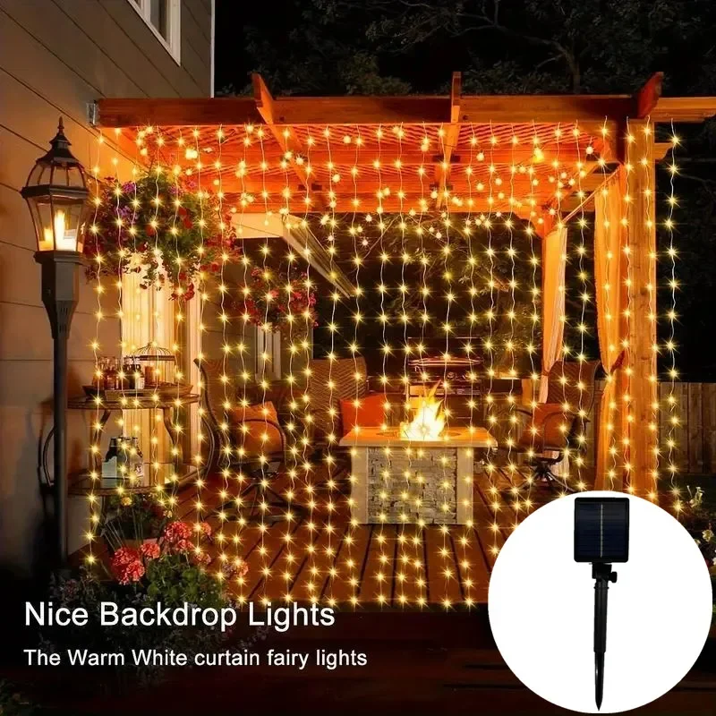 Description Picture 3 of item6M/3M Holiday Solar Curtain LED String Lights Outdoor Lighting Garland Christmas Garden Pavilion Wedding Decoration Fairy Light
