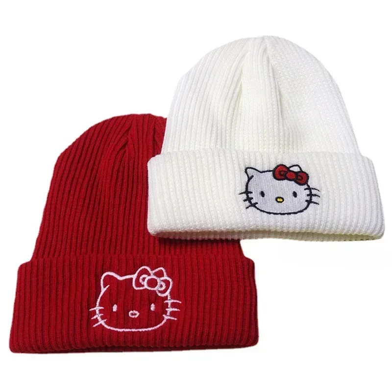 Sanrio Cute Hello Kitty Embroidered Knitted Hat Anime Figures Autumn and Winter Warm Hats Couples Pullover Hat Birthday Gifts