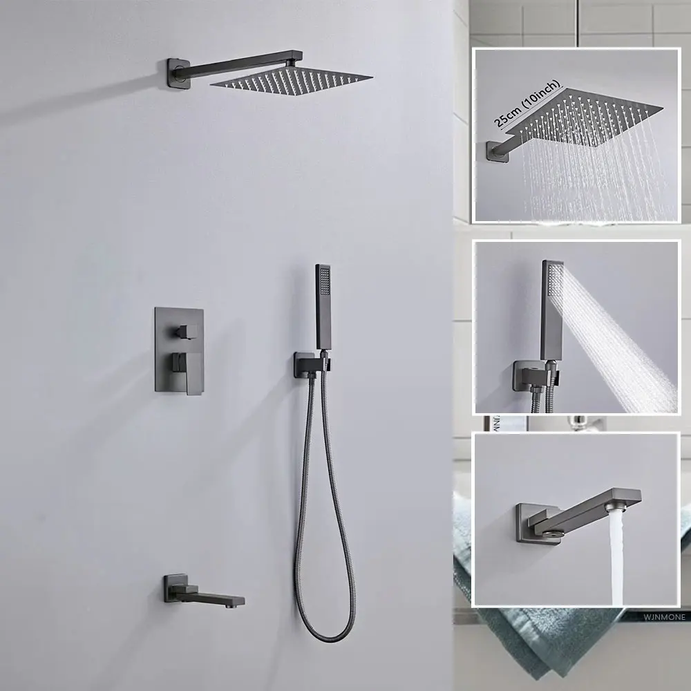 ระบบฝักบัวอาบน้ำสีเทาที่ซ่อนอยู่ในห้องน้ำฝักบัวอาบน้ำชุดก๊อกน้ำฝักบัวฝักบัวในห้องน้ำแบบฝังตลับหมึกแบบหมุนได้หัวก๊อกอ่างอาบน้ำฝนแบบผสม สีดำแปรงซิลเวอร์โกลด์10นิ้วหัวฝักบัวอ่างอาบน้ำฝักบัวก๊อกน้ำครบชุด 1