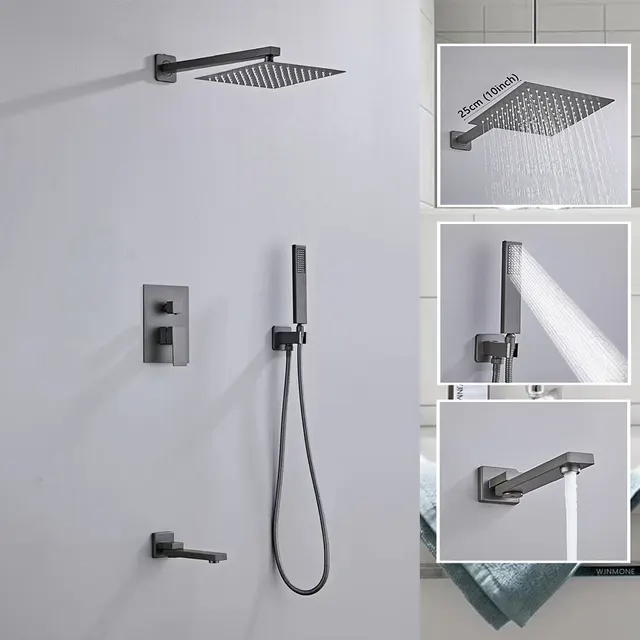 ระบบฝักบัวอาบน้ำสีเทาที่ซ่อนอยู่ในห้องน้ำฝักบัวอาบน้ำชุดก๊อกน้ำฝักบัวฝักบัวในห้องน้ำแบบฝังตลับหมึกแบบหมุนได้หัวก๊อกอ่างอาบน้ำฝนแบบผสม สีดำแปรงซิลเวอร์โกลด์10นิ้วหัวฝักบัวอ่างอาบน้ำฝักบัวก๊อกน้ำครบชุด 1