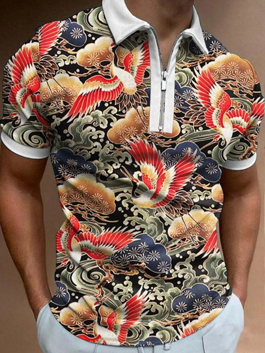 

Men's Crane Pattern Short Sleeve Polo Shirt