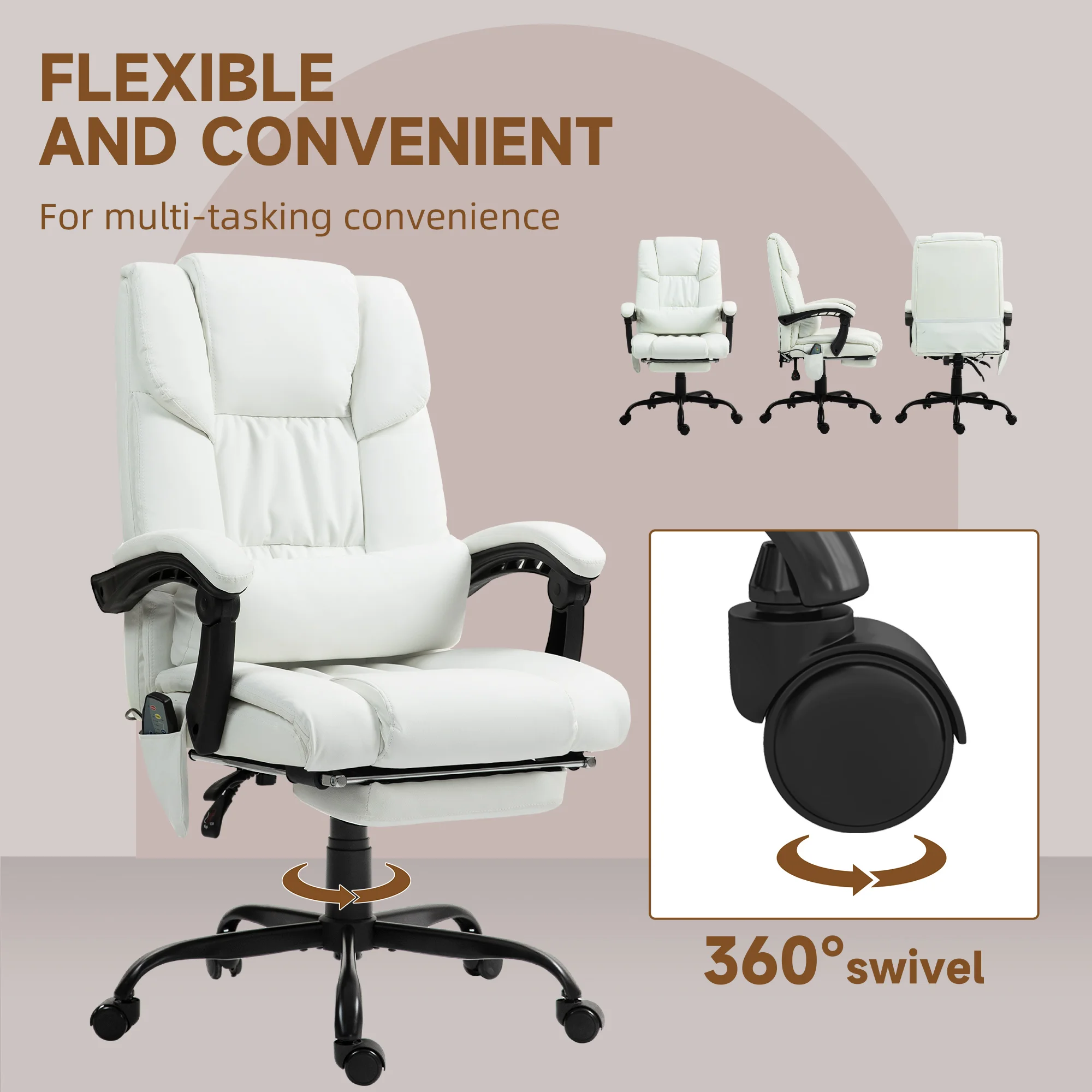 Massage Office Chair with 6 Vibrating Points, High Back Reclining Office Chair with Footrest and Remote, White 5