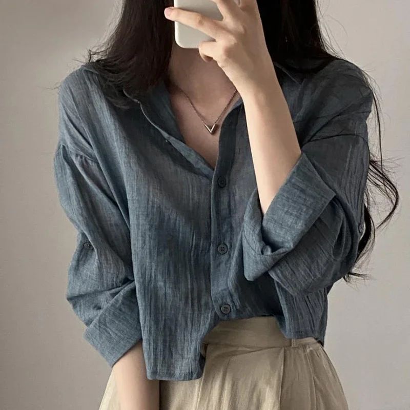 Trendy Shirt Blouse Simple Thin Pure Color Anti-UV Tops Anti-fade Shirt Top Women Solid Color Sun Protection Shirt Streetwear for huawei nova 10 pro 4g ultra thin anti fall twill texture phone flip case full protection pu leather tpu cellphone cover stand card holder blue