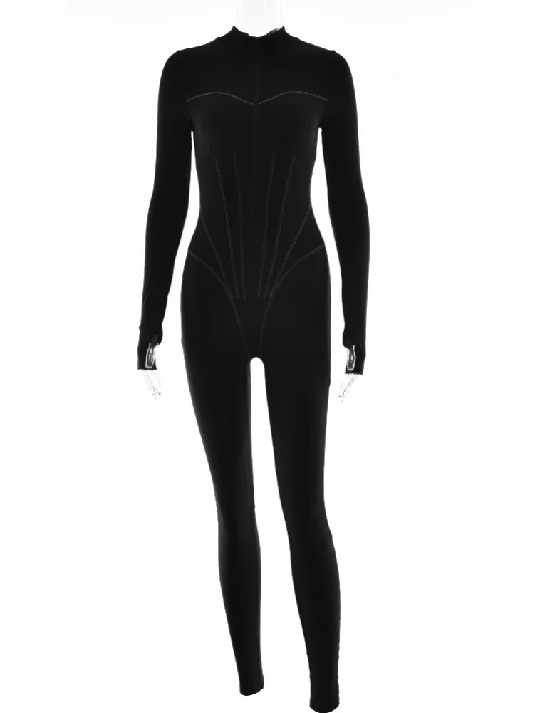 2024 Spring Sexy Elegant Women Zip-up O-neck Long Sleeve Jumpsuit Streetwear Summer Overalls One Piece Fitness Sports Bodysuits