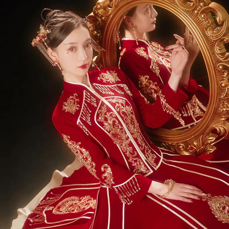 

Traditional Chinese Style Women Velour Sequins Beading Tassels Wedding Dress Vintage Toast Clothing Tang Suit Hanfu