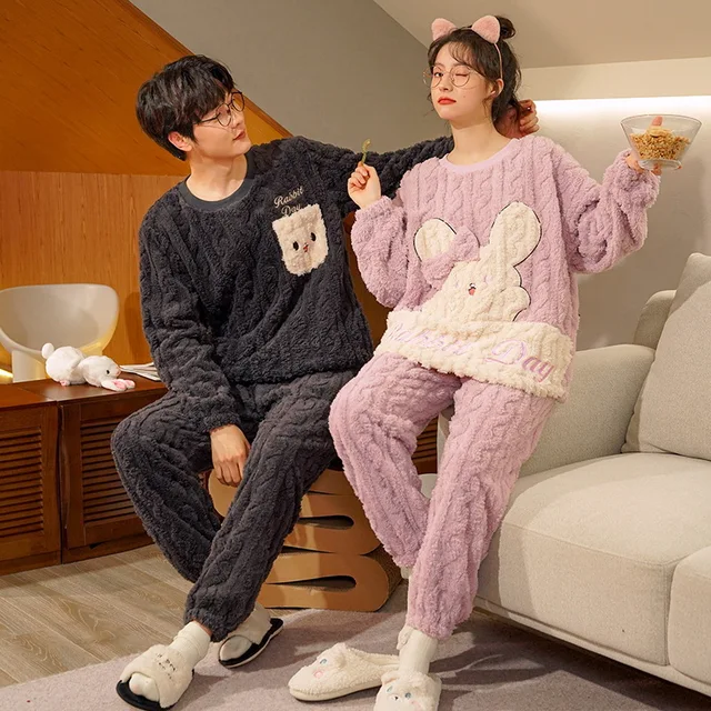 Coral Fleece Winter Sleepwear With Bowknot O-neck Warm Thicken Pajamas Pour  Femme Home Clothes Couple Flannel Loungewear - Pajama Sets - AliExpress