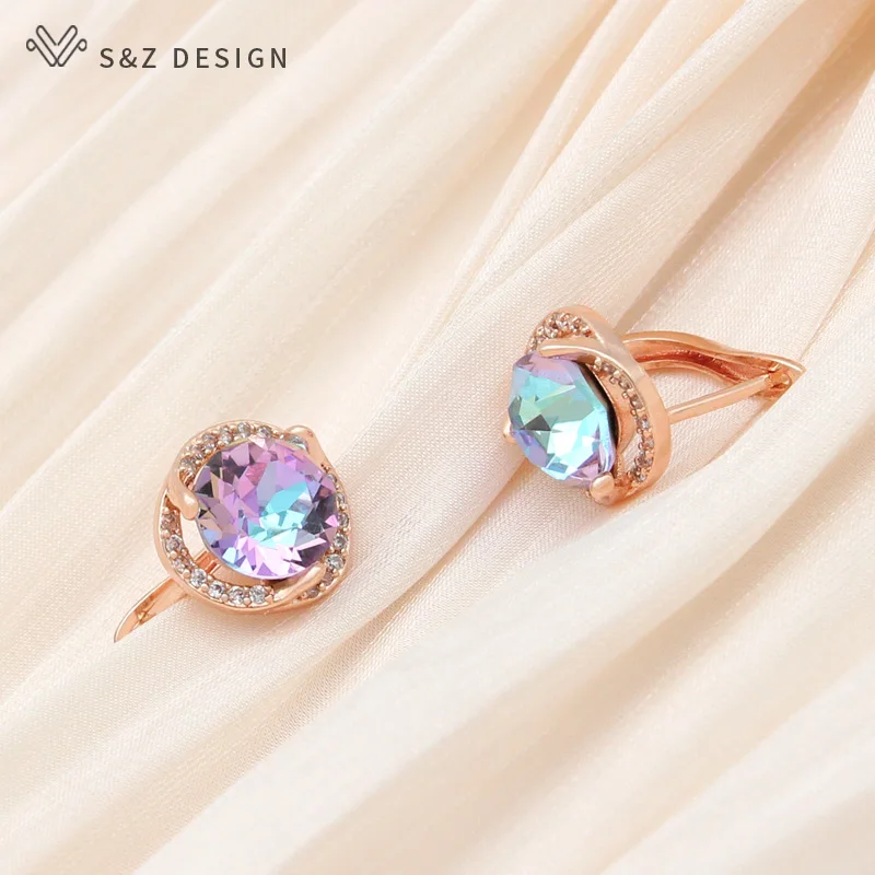 S&Z DESIGN New Fashion Rose Gold Color Round Crystal Dangle Earrings Cubic Zirconia Eardrop For Women Wedding Elegant Jewelry