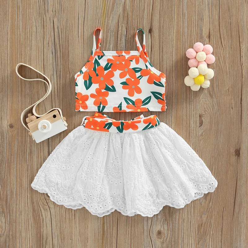 FOCUSNORM 0-4Y Lovely Kids Girls Clothes Sets 2pcs Flowers Lace Spaghetti Strap Camisole + Hollow-out Solid Skirt with Belt