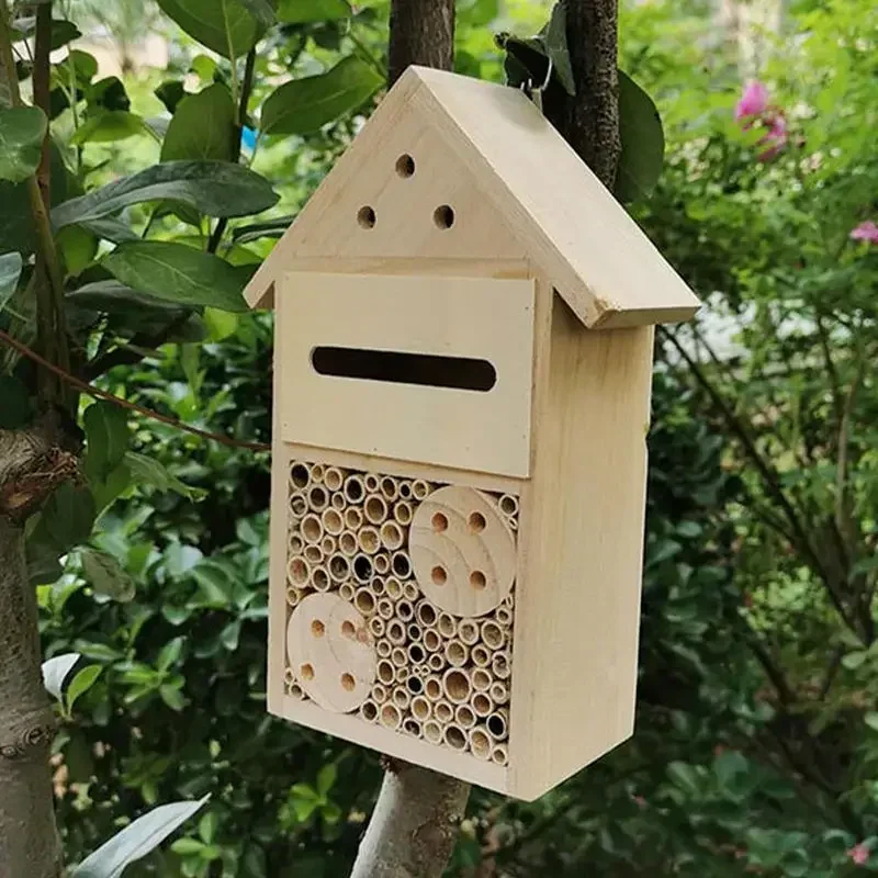 Mason Bee House Empty Natural Wooden Mason Bee Box and Butterfly Hotel Outdoor Garden Box Durable and Stylish Garden