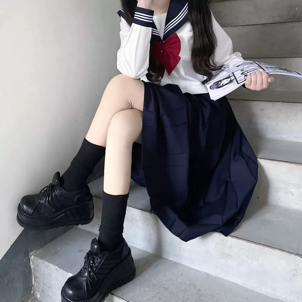 Japanese school uniform girls plus size Jk suit red tie white three basic sailor uniform women's long skirt suit Japanese school uniform japanese schoolgirl skirt