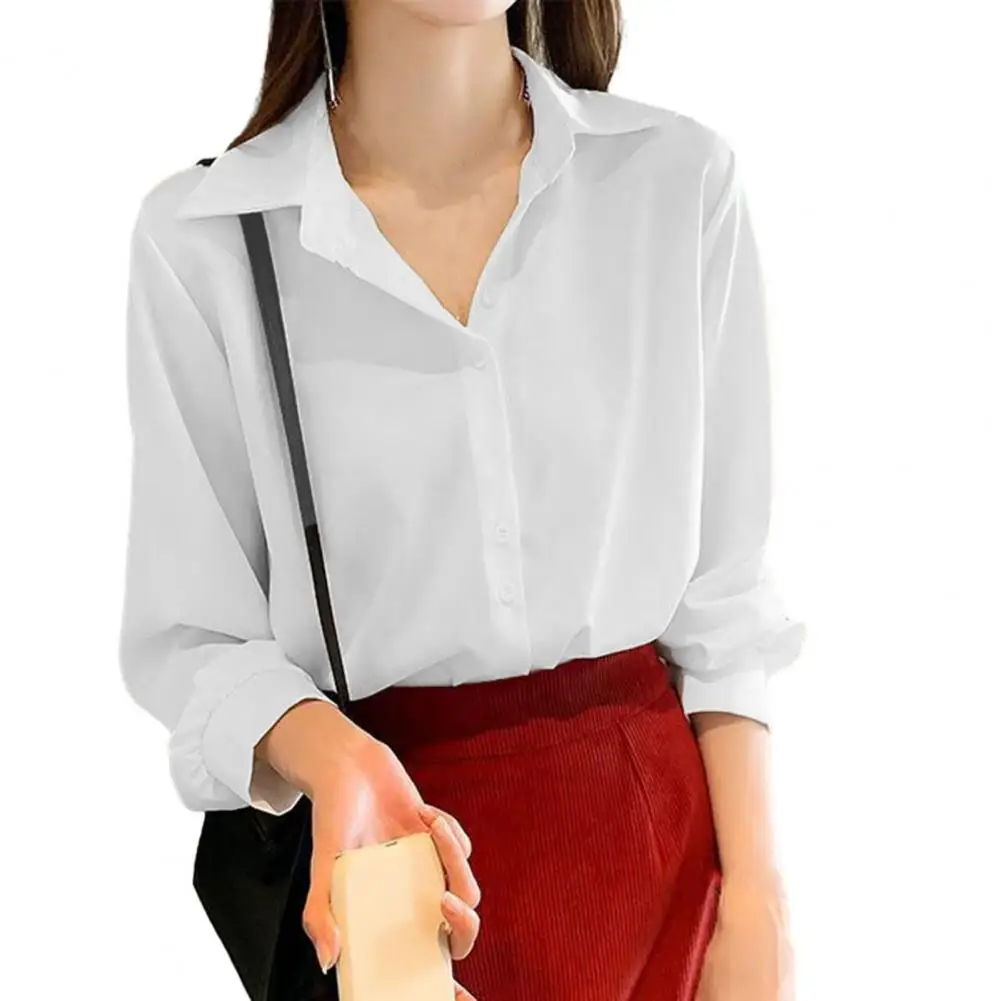 

Women Shirt Single-breasted Turn-down Collar Long Sleeve Cardigan OL Commute Bottom Blouse Top