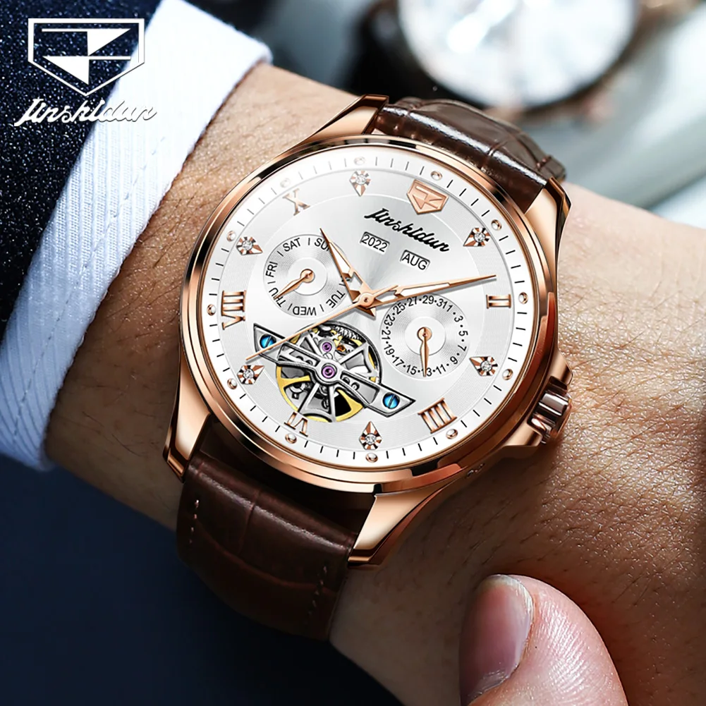 JSDUN 8926 Automatic Mechanical Watch for Men Leather Strap Rose Gold Watch Skeleton Design Fashion Waterproof Man Wristwatches
