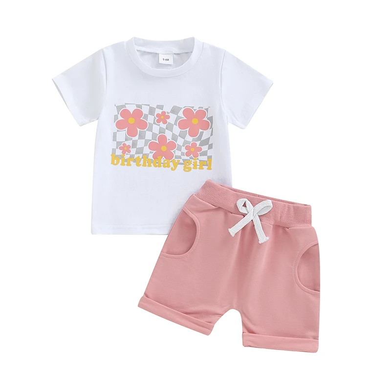 

Baby Birthday Girl Outfit Birthday Girl Checkerboard Letter T-Shirt Jogger Shorts Summer Princess 2 Piece Clothes