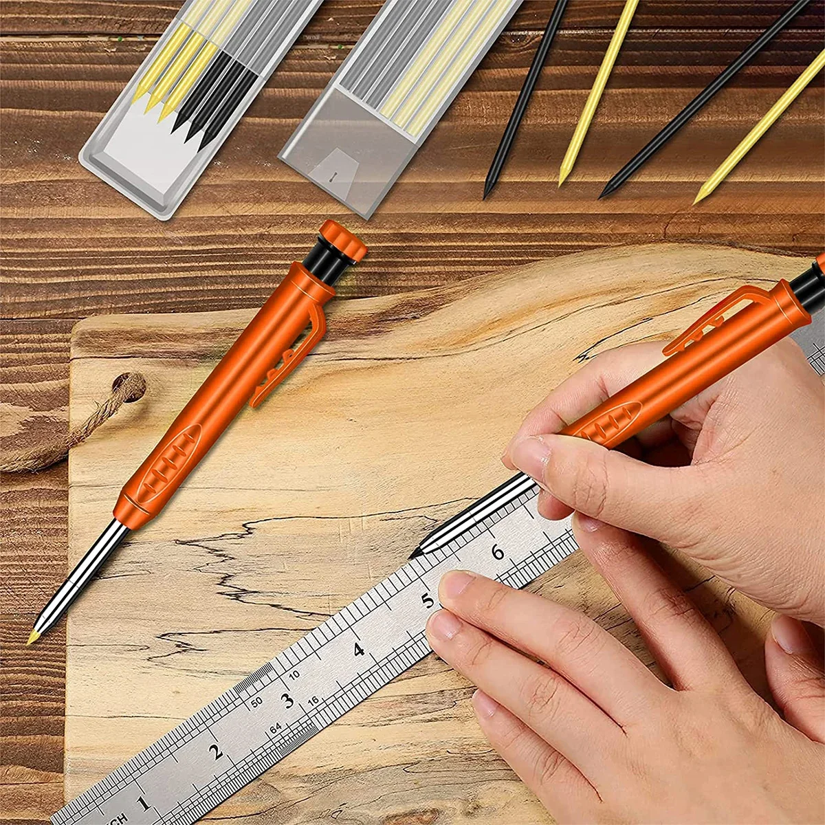 

Woodworking Tool for Construction, Deep Hole Mechanical Pencil, Solid Carpenter Pencil, Refill Leads, Built-in Sharpener