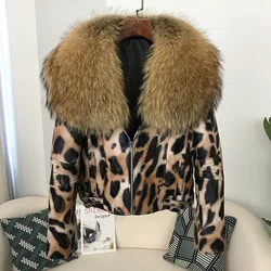 FURYOURSELF 2023 Genuine Leather Luxury Winter Women Brand Women Sheepskin Leopard Print Motorcycle Jacket Big Fur Collar Slim