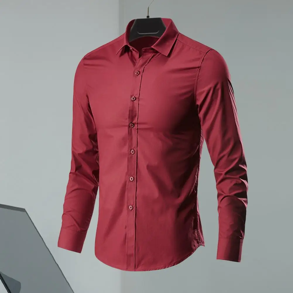 

Однотонная деловая рубашка, стильный мужской облегающий кардиган с отложным воротником, однотонная Повседневная деловая рубашка с длинными рукавами