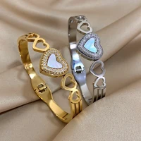 Luxury Rhinestones Heart Bangle Stainless Steel Cuff Stackable Bangle Bracelets with White Shell Valentine's Day Jewelry Gifts 1