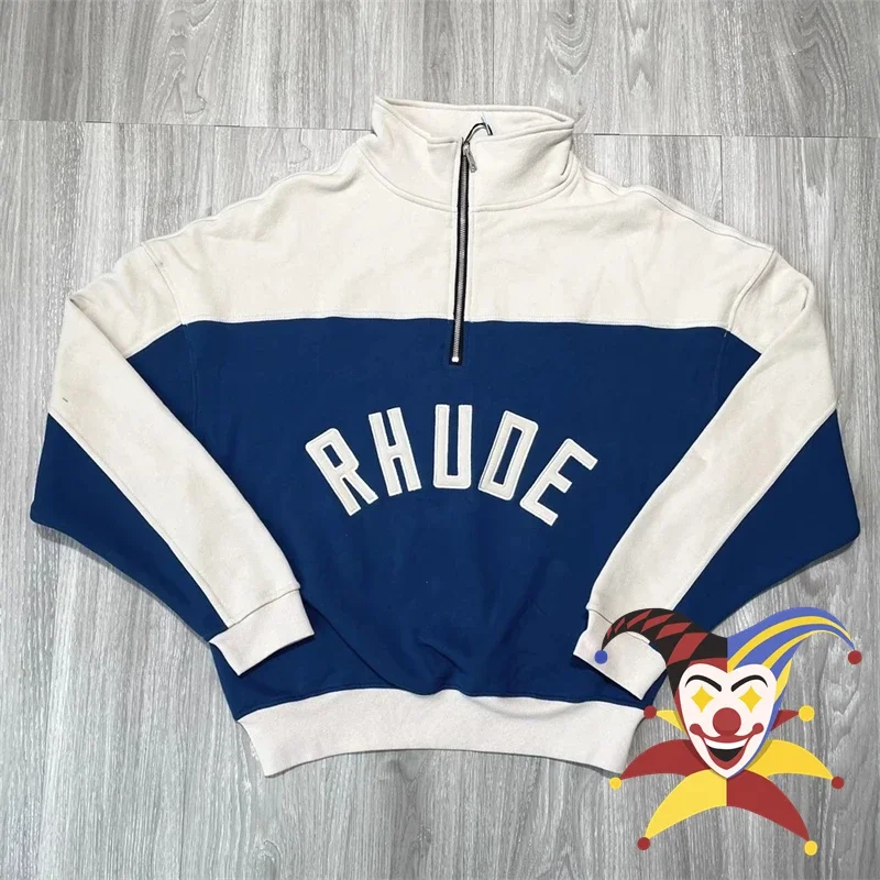 

Vintage Half Zipper Patch Embroidered RHUDE Sweatshirts Men Women Stand Collar Pullovers
