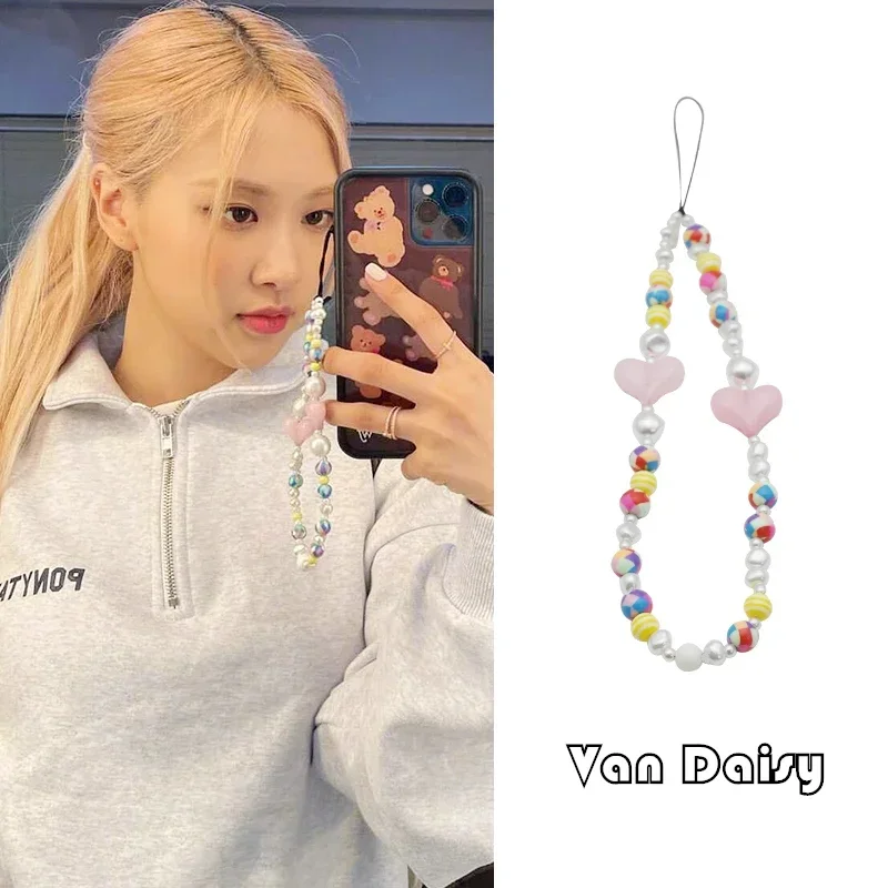 Cadena de teléfono Rosa coreana para niñas, cordón de cuentas de perlas de imitación de corazón para teléfono móvil, cuerda colgante de muñeca Y2K, joyería Van Daisy