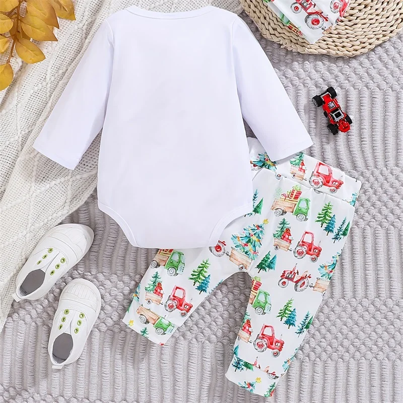 Toddler Boys Winter Holiday Outfits Letter Print Crew Neck Long Sleeve Jumpsuit Train Print Long Pants Beanie 3Pcs Clothing Set 3