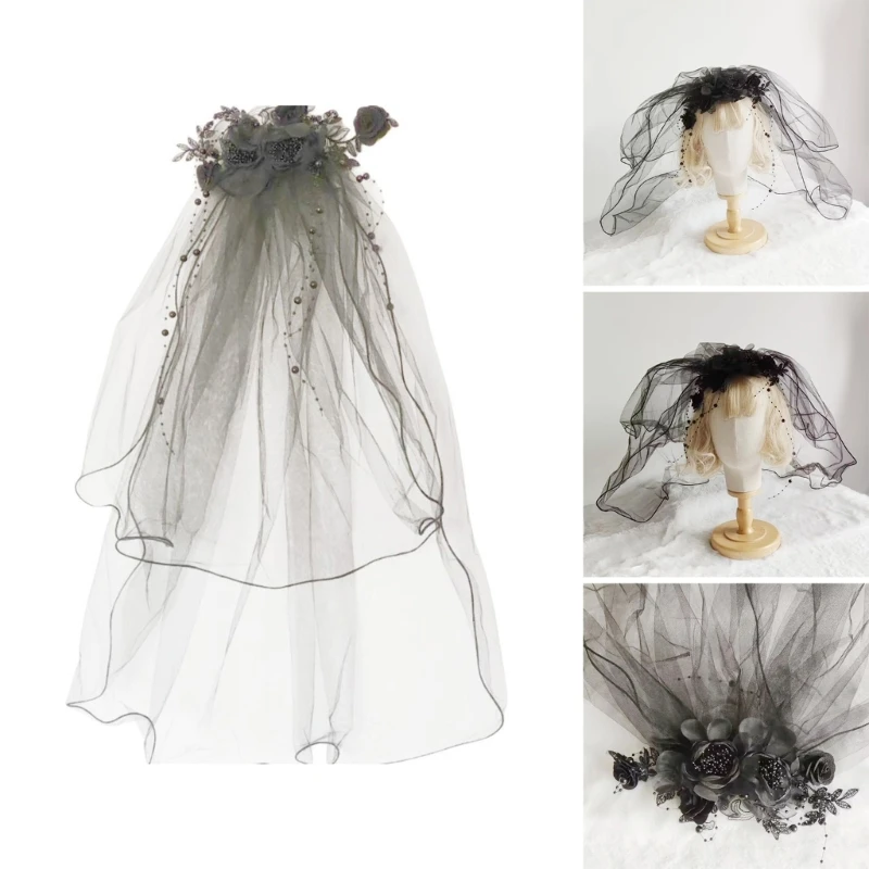 

Halloween Party Retro Veil Bowknot Mesh Dark Goth Bride Animation Decorative Black Veil for Prom Cosplay Costume