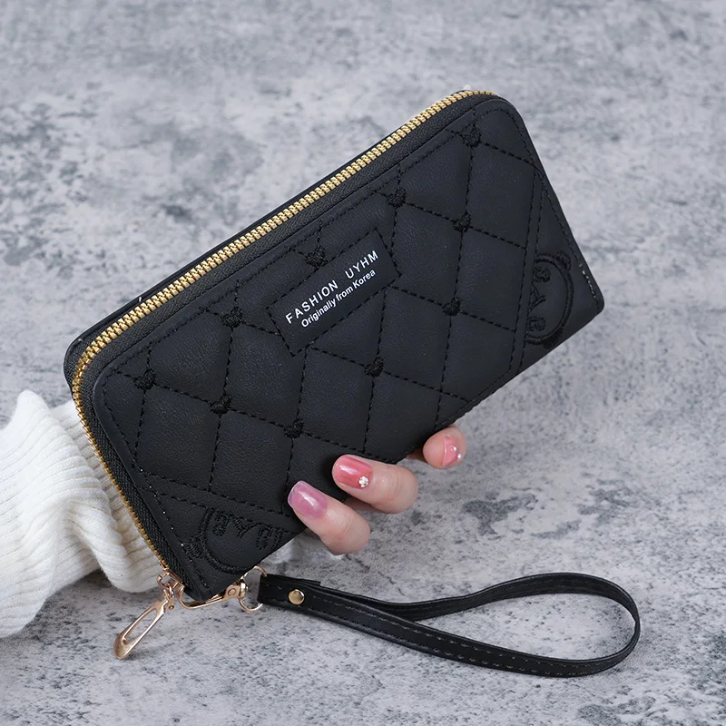 Spot 2024 Sommer neue Handtasche frische und süße lange Damen Geldbörse einfarbig PU-Leder bestickte Geldbörse