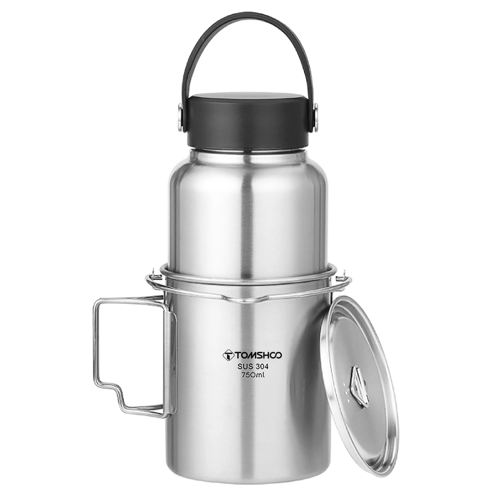 Tomshoo 1.05L 304 Stainless Steel Water Bottle Leakproof Sports Bottle 750ml Water Cup Coffee Mug Hanging Pot Outdoor Camping