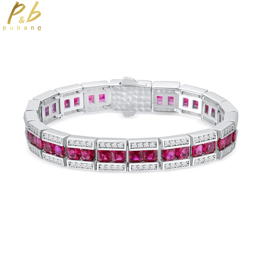 

PuBang Fine Jewelry 100% 925 Sterling Silver Luxury Bracelet Ruby/Blule Gemstone Created Moissanite for Women Gift Drop Shipping