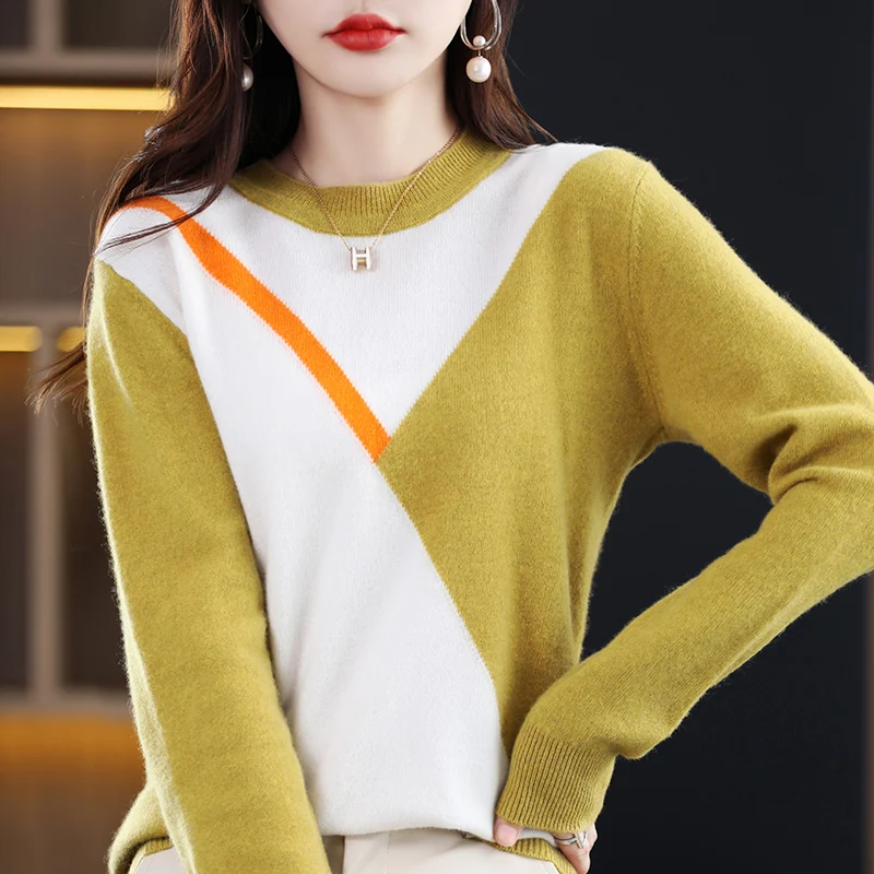

100%Pure Merino Wool Sweater Women's Autumn Winter New Round Neck All-match Loose Fashion Long-sleeved Cashmere Knitted Pullover