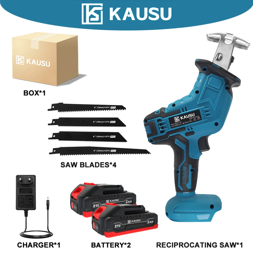 KAUSU Cordless Reciprocating Saw 3000RPM Adjustable Speed Electric Saw 65MM Wood Metal PVC Pipe Cutting Tool Makita 18V Battery