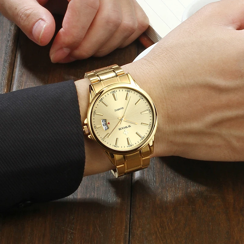 WWOOR Top Brand Luxury Mens Watch Fashion Gold Watch For Men Waterproof Date Stainless Steel Male Quartz Clock Relogio Masculino