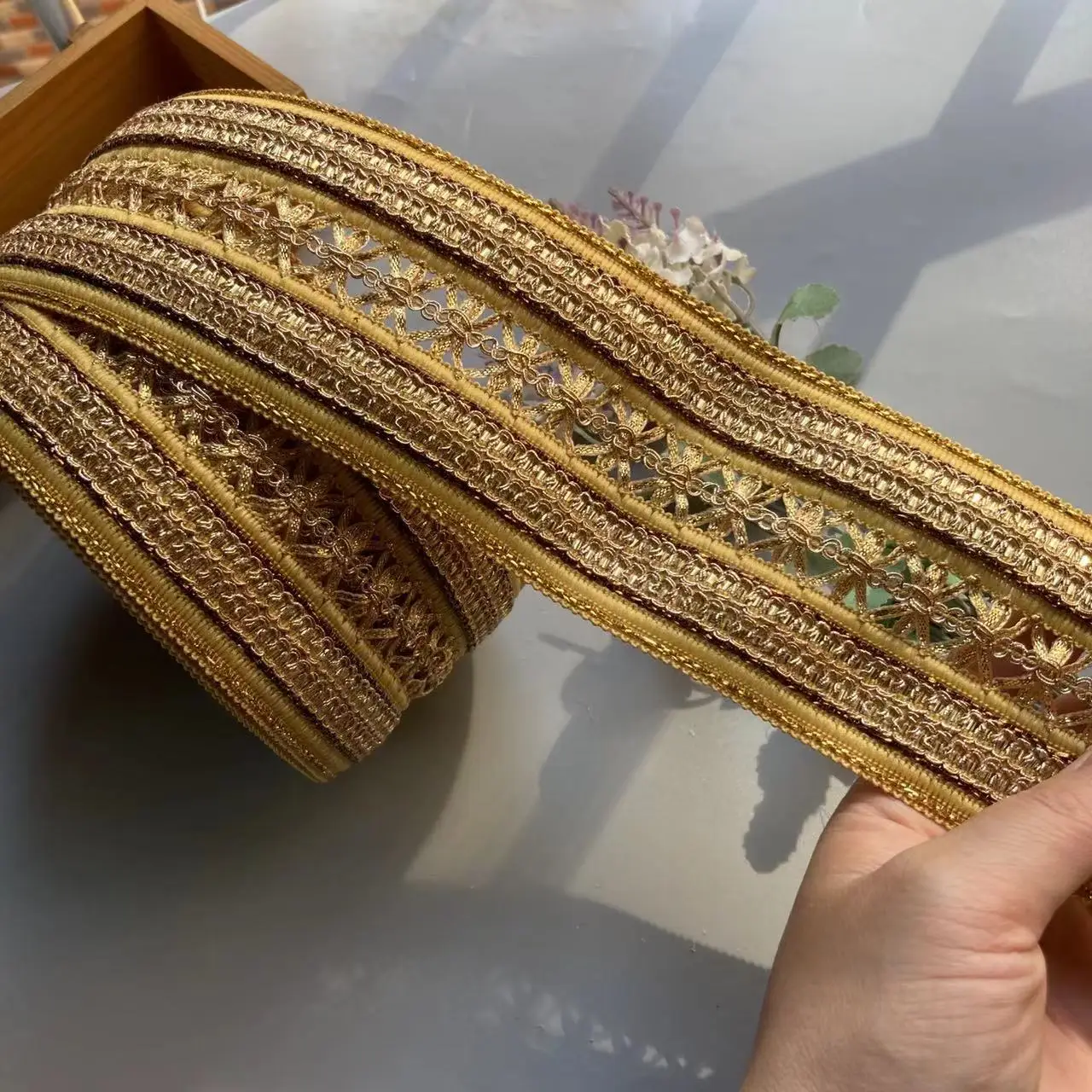 Yellow Rice Lace Trim Ribbon Ethnic Clothing Gold Thread Embroidery Sequin Fabric Jacquard Webbing Garment Accessories 1 Yard