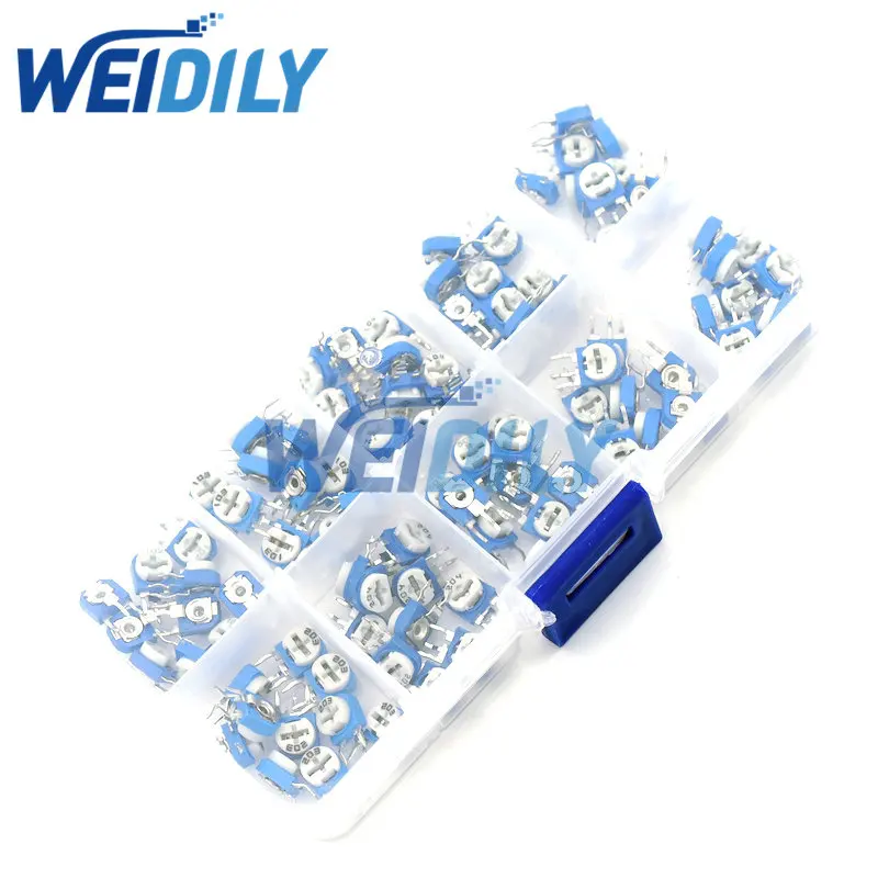 100PCS RM063 Vertical Adjustable Resistor Kit In Box 500 ohm-1M ohm 10 Values *10PCS Multiturn Trimmer Potentiometer Set New multiturn potentiometer potentiometer kit trimmer potentiometer adjustable resistor