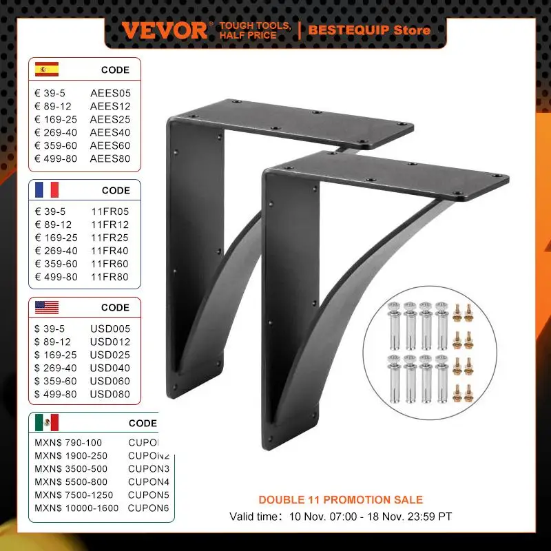 VEVOR 2 Pack Heavy Duty Shelf Brackets Floating Shelf Bracket 10x12x2.5" 450lbs Load Garage Workshop Home Triangle Support