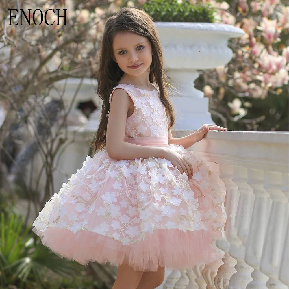 

ENOCH Modern O-Neck Flower Girl Dresses New Kids Tiered Sleeveless Tulle Wedding Party Birthday Gowns with Belt Vestido Niña New