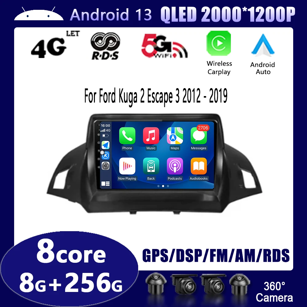 

Android 13 для Ford C-MAX Kuga 2 Escape 3 2012-2019, мультимедийный автомобильный плеер, Авторадио, GPS, видеонаблюдение, задняя камера Carplay