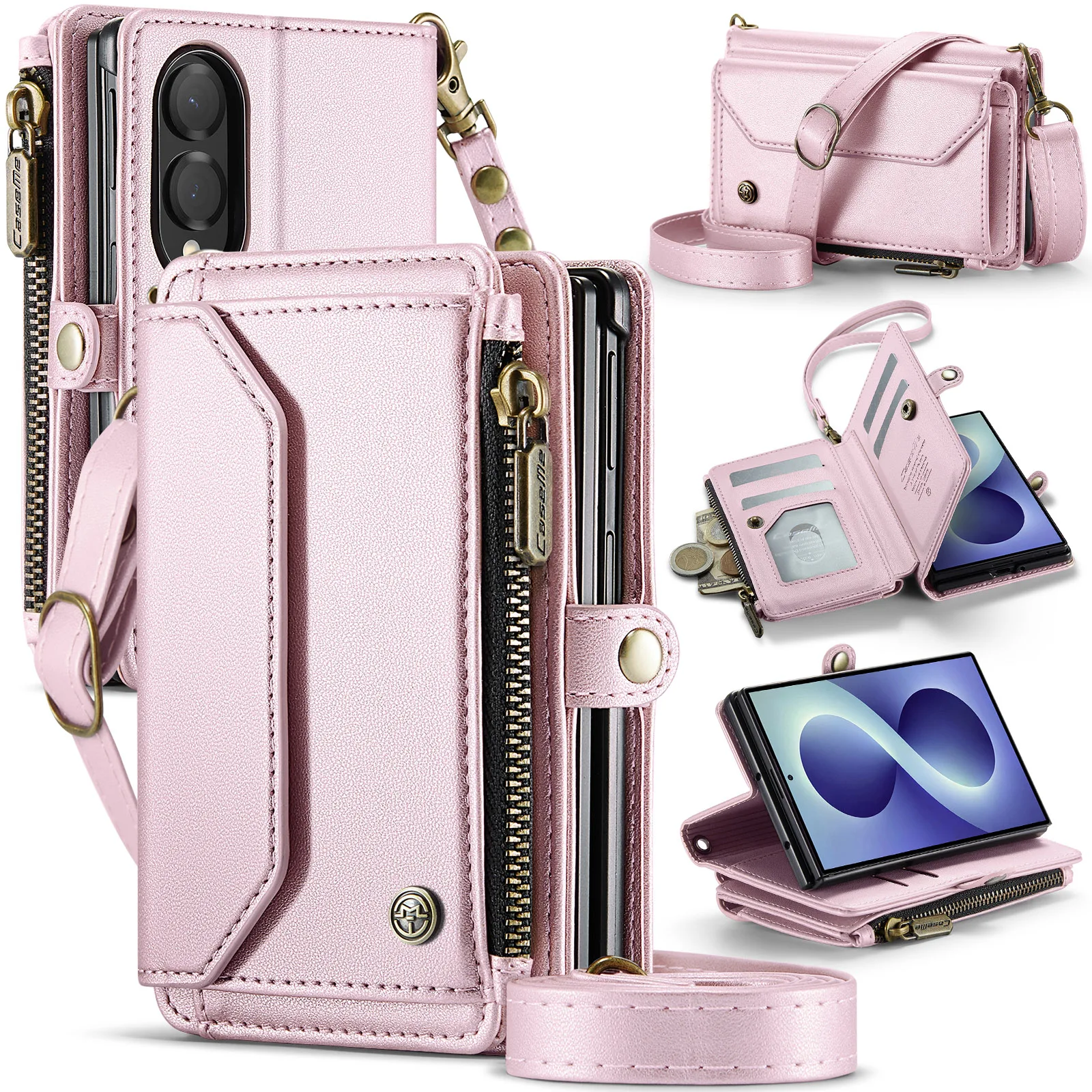 Leather Wallet Phone Case with Stand, Card Pocket & Strap, Magsafe-Compatible, Shockproof Design